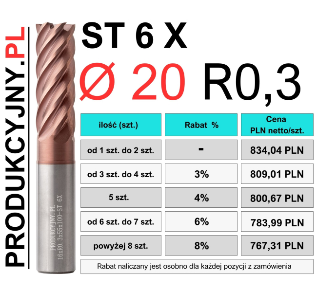 Frez trochoidalny fi 20 R0,3 ST 6 X